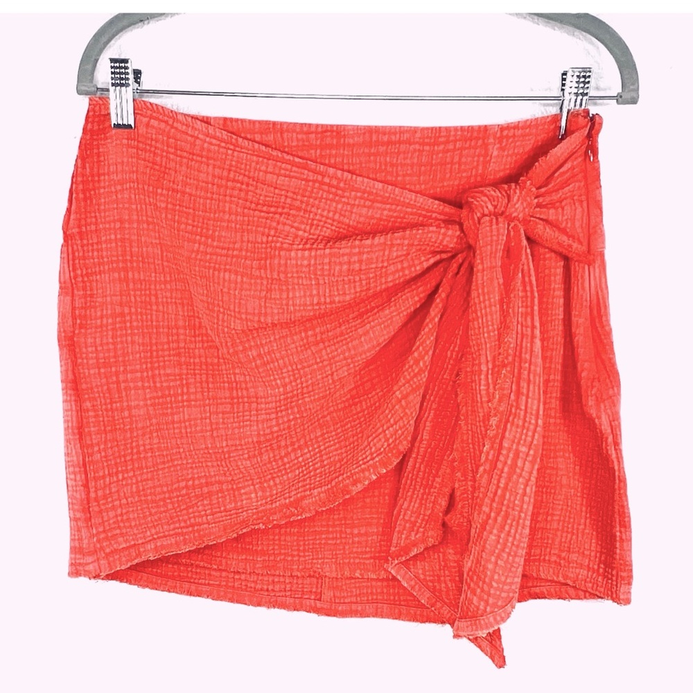 Free People Coral Cotton Gauze Faux Wrap Mini Skirt Raw Hem - Sz M NWT